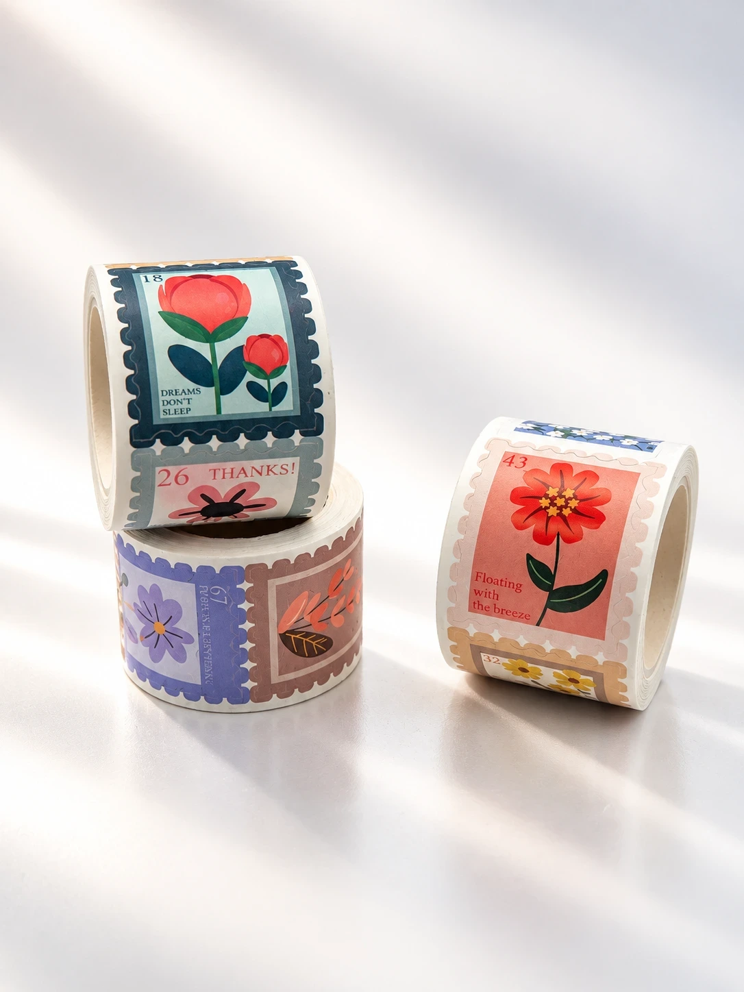 Rollo de Stickers Ilustrados de Estampillas de Flores (100 pzs)