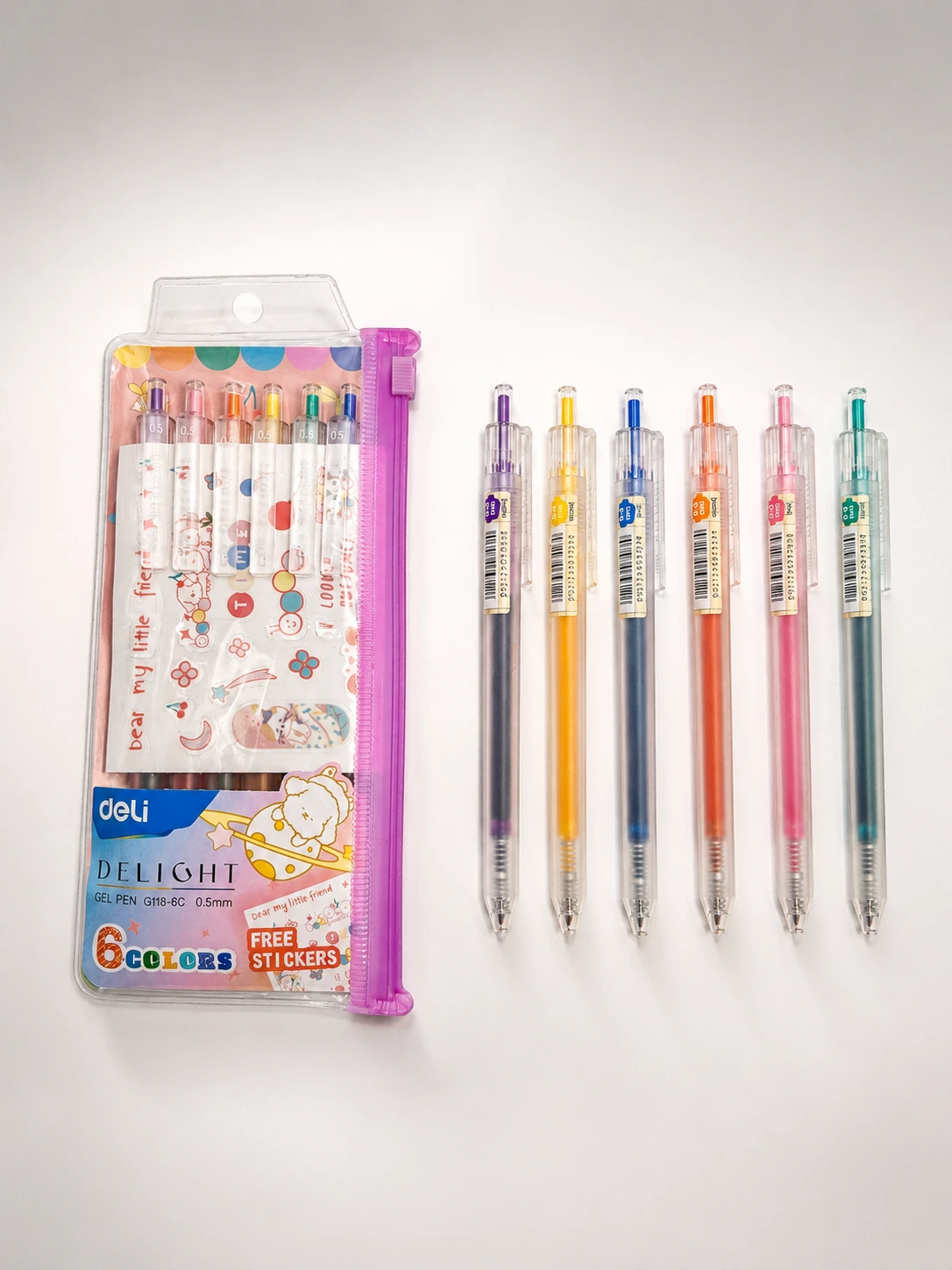 [BOL-DEL-0001] Bolígrafos Retráctiles de Gel + Stickers Transparentes — Deli (Set de 6)